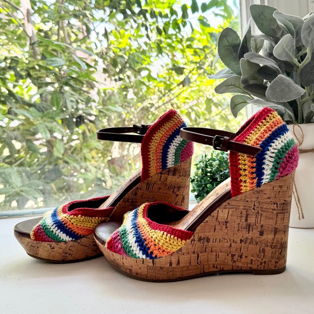 Mia Hannah Boho Rainbow Multi Color Crochet Ankle Strap Platform Cork Wedge